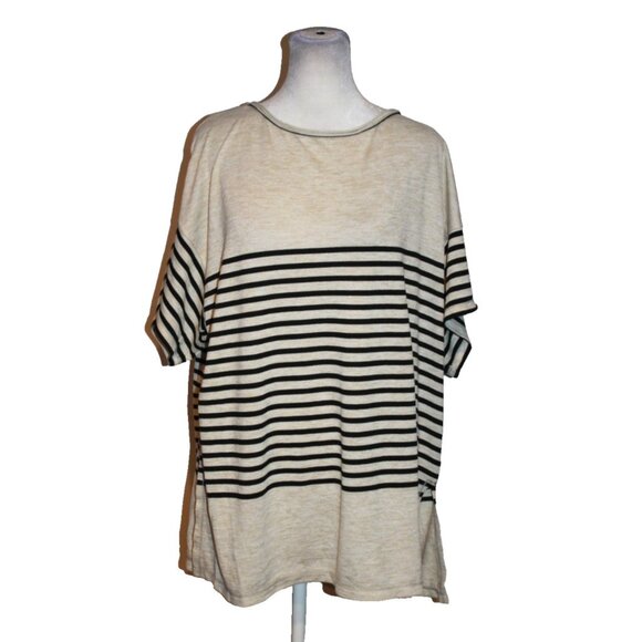 Max Studio Women's Plus Size 1X Ivory Black Striped Short Sleeve Shirt Top NEW - Picture 1 of 2